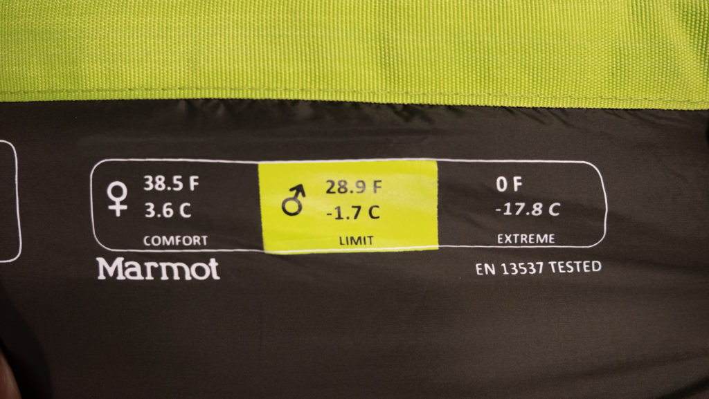 European Norm (EN) temperature rating label on Marmot sleeping bag