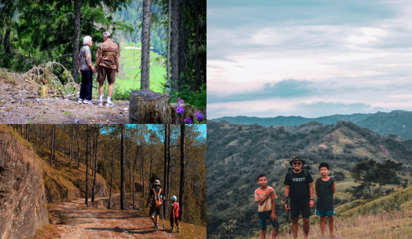 Collage of three photos showing hikers of various ages including an older couple and parents with children