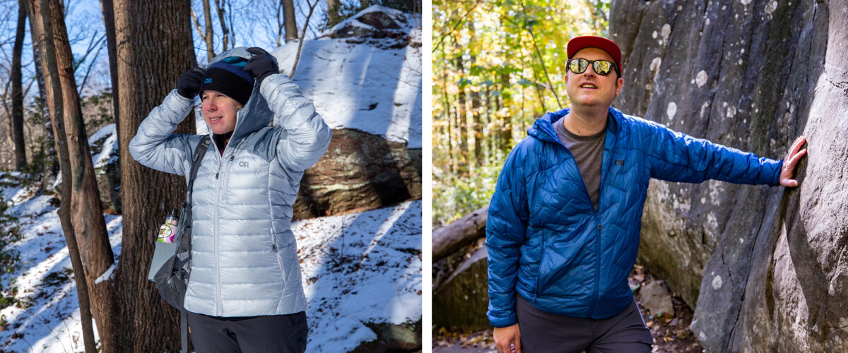 Two people outdoors wearing insulated jackets