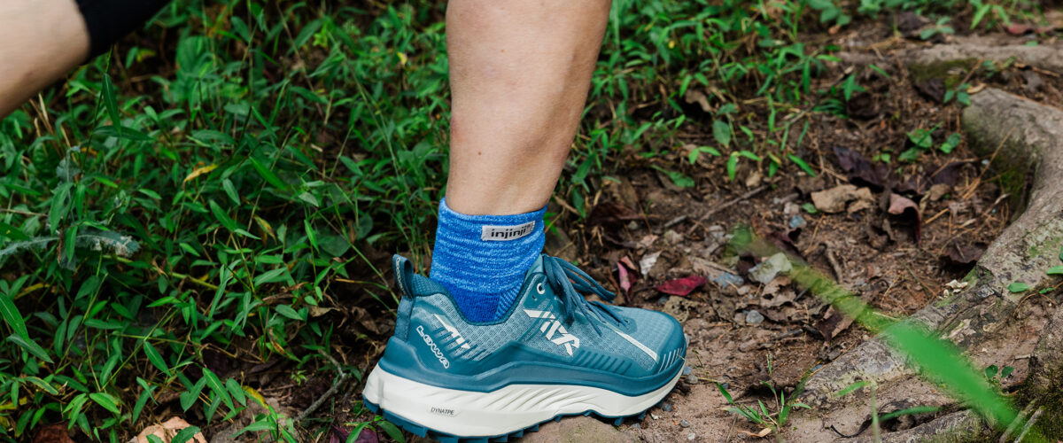 Closeup of LOWA running shoes outdoors