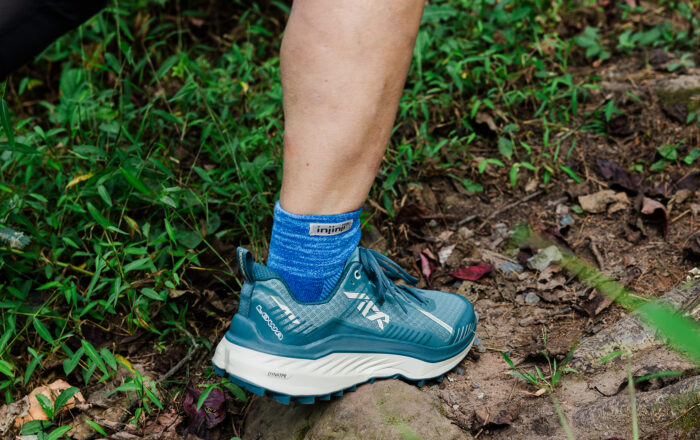 Closeup of LOWA running shoes outdoors