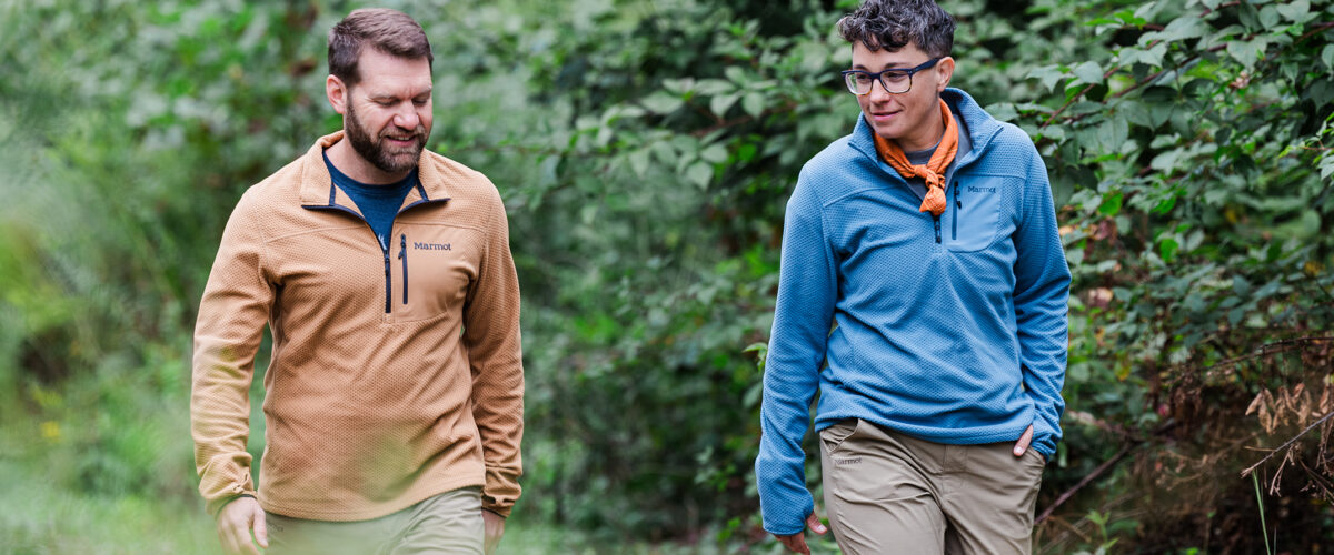 Two people outdoor wearing Marmot AirFleece