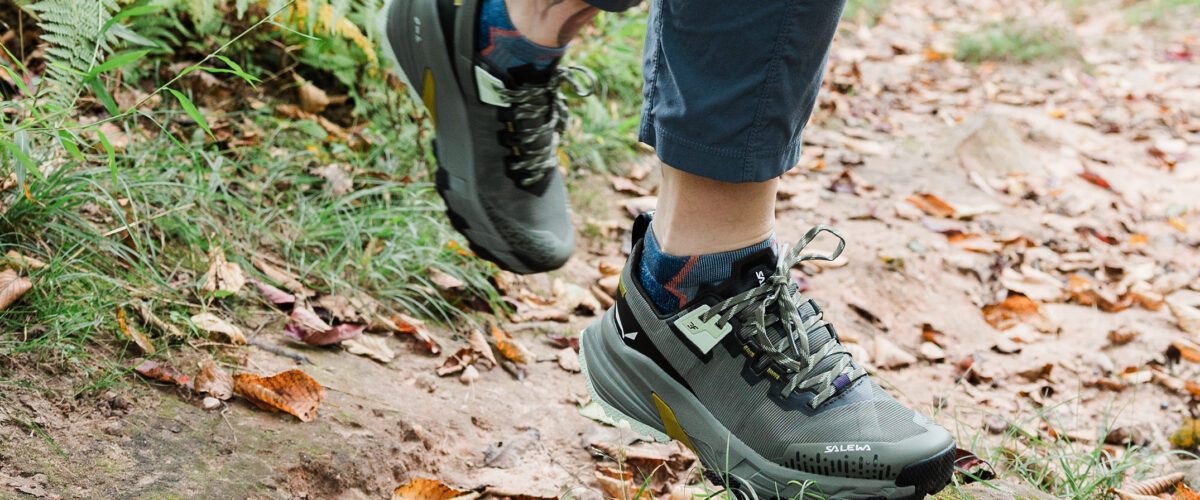 closeup of person wearing Salewa Pedroc 2 Max shoes outdoors