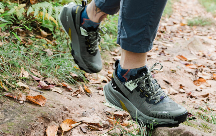 closeup of person wearing Salewa Pedroc 2 Max shoes outdoors