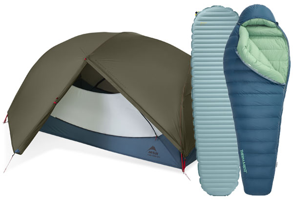 MSR Tent, Therm-a-Rest sleeping bag and sleeping pad