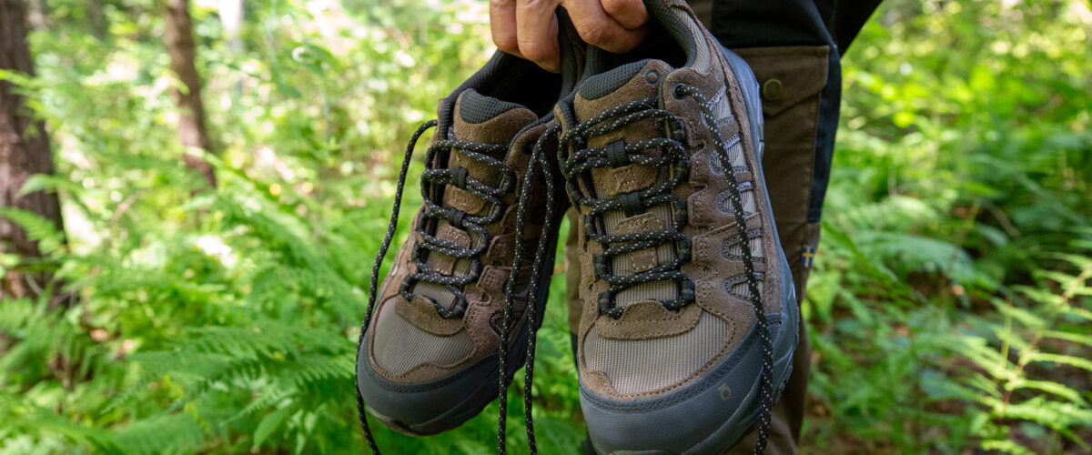 closeup of Oboz Sawtooth Ascent shoes outdoors